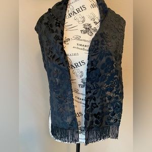 Black velvet and sheer material with black fringe scarf, or shawl